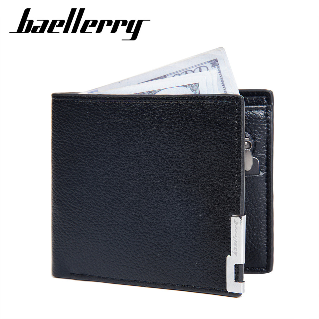กระเป๋าสตางค์ PU Mens High-End Feeling Simple Iron Edge Mens Short Coin Zipper Bag Wallet Wallet Wal