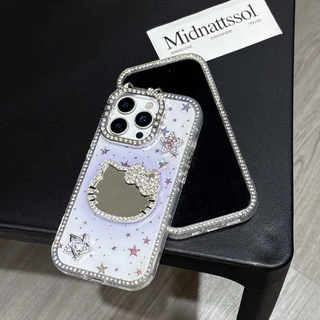 3Dการ์ตูนแมวกระจกโปร่งใสสีชมพูStar HardสําหรับiPhone 11 12 13 14 15 16 Pro MaxปลอกฝังRhinestoneรั้วขอบฝาครอบป้องกันการตกสําหรับiPhone11 กรณี