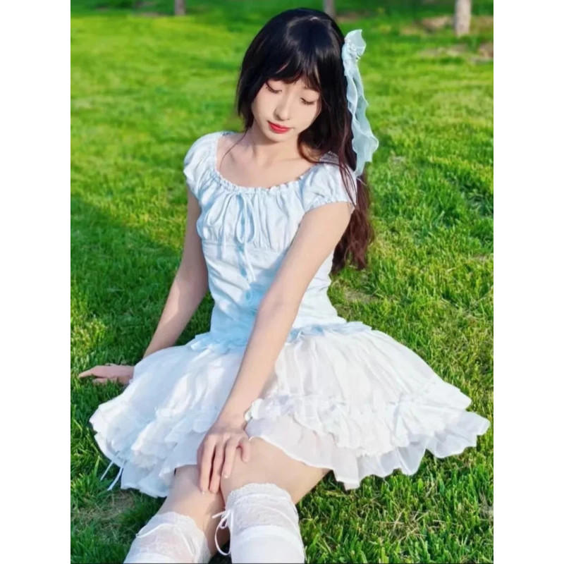 Mn Fashion Sweet Slim Off Shoulder Outfit Women Lace Up Fairy Suit Kawaii Casual Bow Elastic Waist S