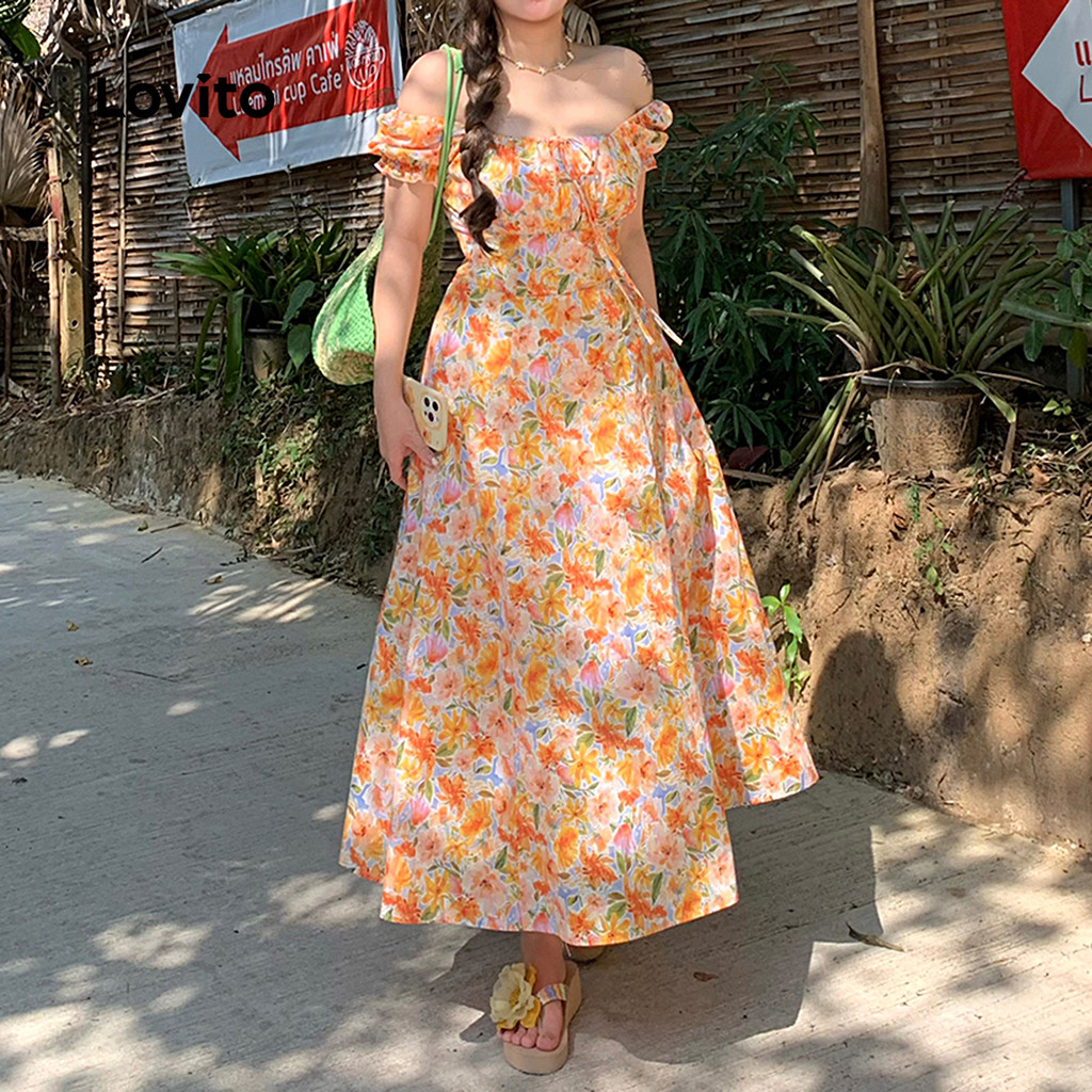 Lovito ชุดลําลองลูกไม้ขึ้นแยกซิปฤดูร้อนฤดูใบไม้ผลิชุดสีส้มสําหรับผู้หญิง L140EDBR001