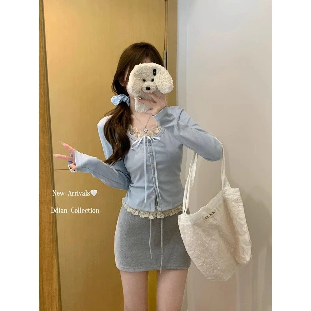 ชุดสองชิ้นสีชมพูลายลูกไม้ สำหรับฤดูใบไม้ผลิและร้อน เย็บติดแนบเนียน เสื้อยืดแขนยาวและเครื่องแต่งกายชิ้นบน thumbnail 8