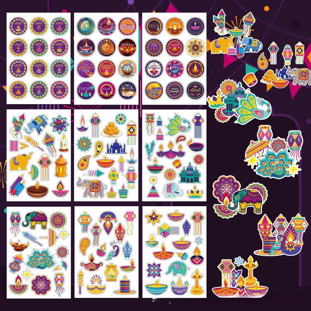 DIY Diwali สติกเกอร์ 2025 Deepavali ตกแต่งรายการ Happy Diwali เทศกาลตกแต่ง Deepavali สติกเกอร์การ์ตู