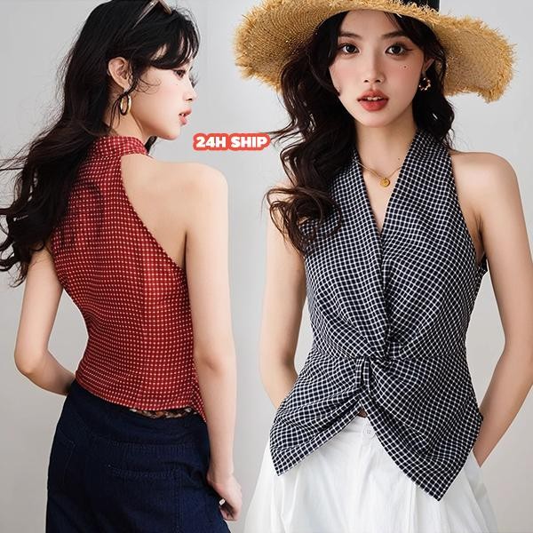 mimi&didi#เสื้อกล้ามคอวีจีบบิดย้อนยุค เสื้อครอลายตาราง ในฤดูร้อน สำหรับผู้หญิง เหมาะสำหรับใส่กลางแจ้งและใส่ด้านใน#99158