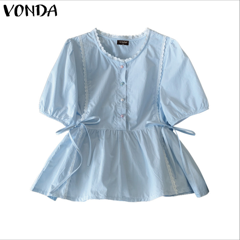 VONDA ผู้หญิงเกาหลีฝรั่งเศสอ่อนโยนลูกเรือคอพัฟแขน Bowknot Lace Splicing เสื้อ