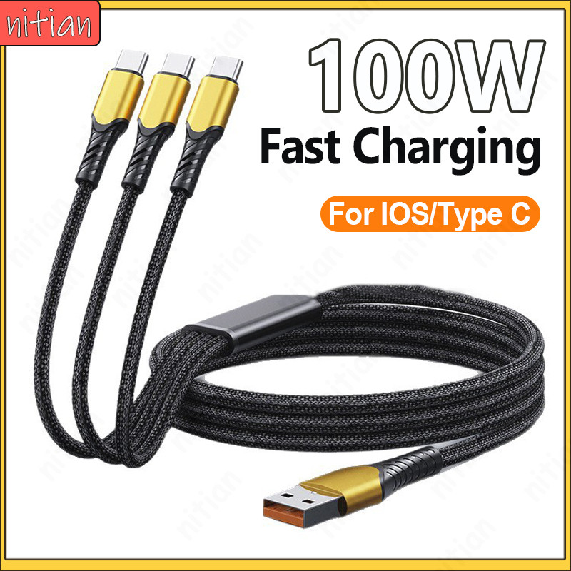 สาย USB Type C 3 In 1 Data Cable 100W Fast สายชาร์จ 5A Quick ชาร์จถักสาย Type C รถชาร์จโทรศัพท์สายไฟข้อมูลสําหรับ IOS/Type C – โปรปัง