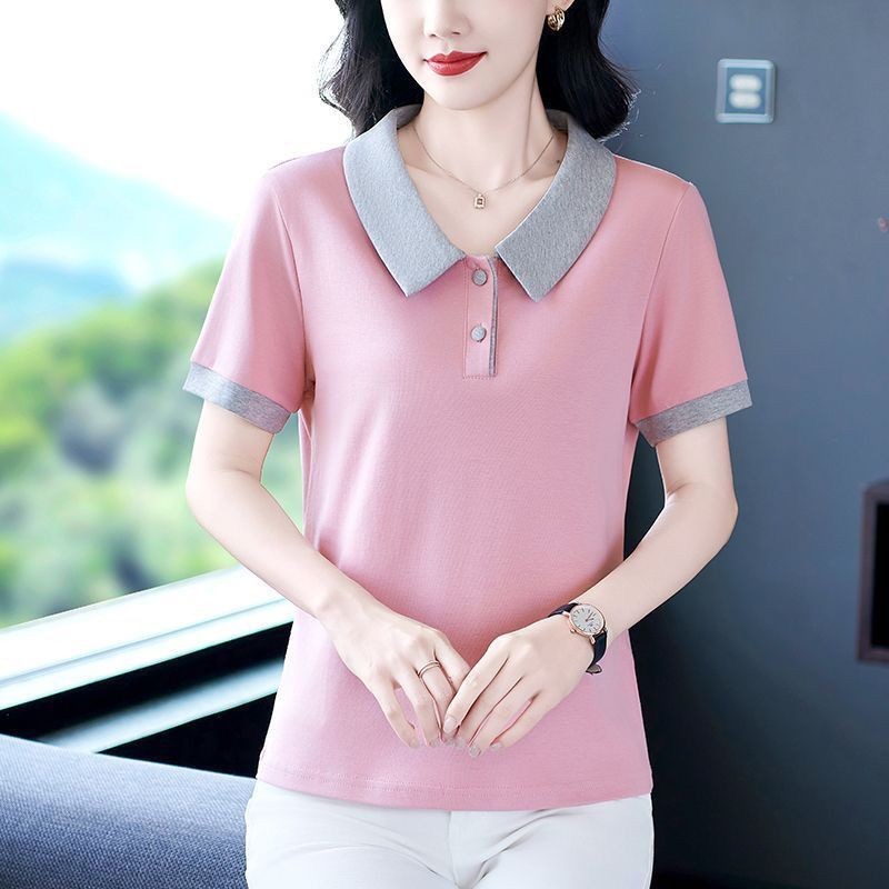 ตุ๊กตาคอปกแขนสั้นผู้หญิงเสื้อยืดแม่สวมใส่Lapel 0poloเสื้อผู้หญิงฤดูร้อนHigh-End ius