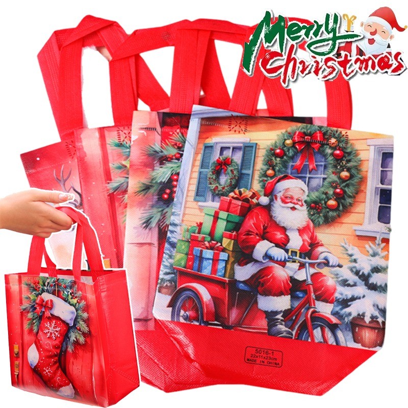 กระเป๋าคริสต์มาสลาย Santa Snowman - กระเป๋าโท้ตไม่ทอที่ทนทานสําหรับห่อของขวัญและตกแต่งวันหยุด - ถุงบรรจุภัณฑ์ของขวัญขนมคริสต์มาส