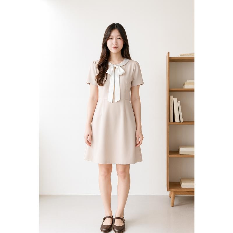 [S-4XL] ชุดเดรสคอปกขาวโบว์ผูกหน้า ลุควินเทจหวาน คลาสสิก ใส่ทำงานหรือเที่ยวก็สวย