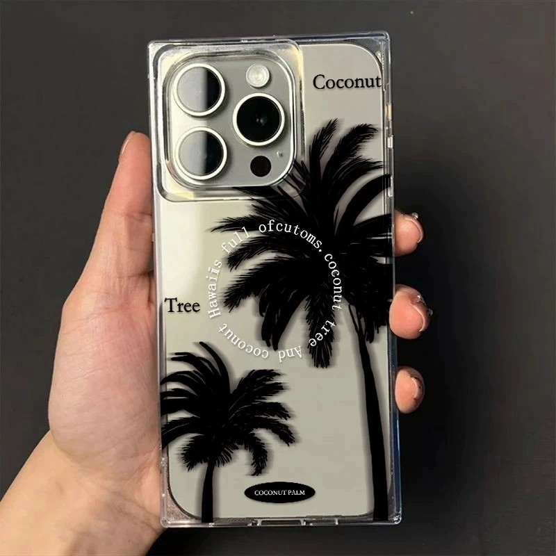 เกาหลีInsมะพร้าวต้นไม้สแควร์ซิลิโคนอ่อนนุ่มโปร่งใสเคสโทรศัพท์สําหรับiPhone 16Promax 16Pro 15Promax 11 12 13 14 Pro Max 15Plusกันกระแทกผู้หญิงผู้ชายฝาครอบมือถือ