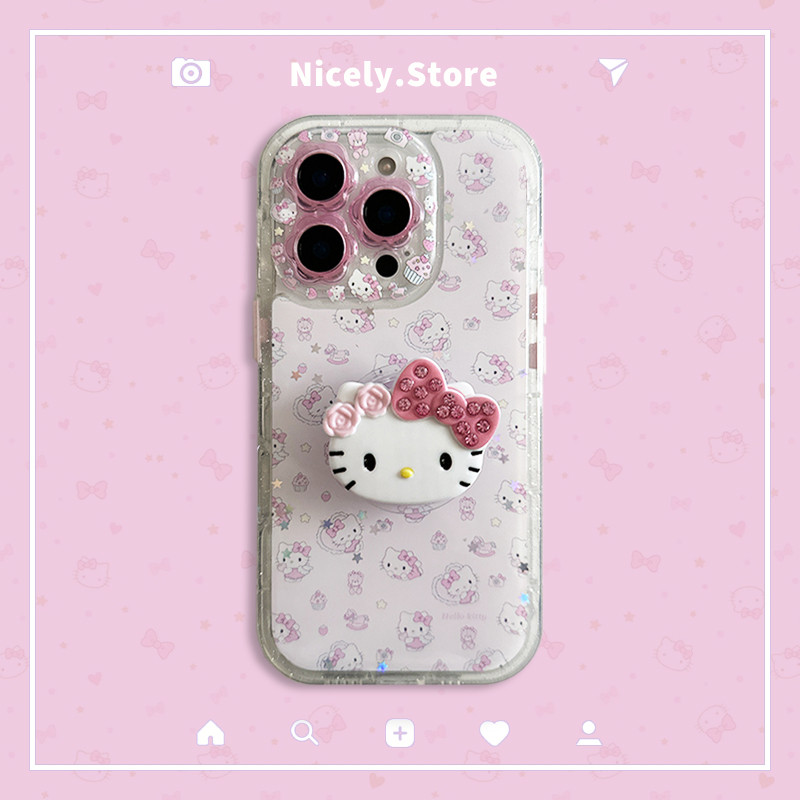 น่ารัก Hello Kitty หมีดอกไม้กล้องเคสโทรศัพท์สําหรับ iPhone 17 16 15 14 Pro Max TPU ครอบคลุมเต็มรูปแบบ Anti-Collision Kickstand ฝาครอบ Shell