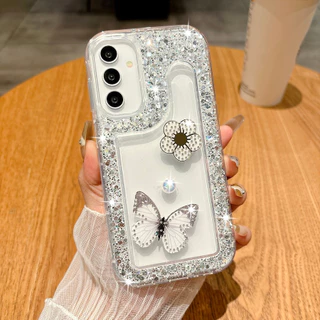 SAMSUNG สําหรับSamsung A06 A07 A17 A16 A26 A36 A56 A14 A34 A54 A05 A05s A15 A35 A55 S26 S25 S24 Plus S26 Ultra 5G Glitterดอกไม้ผีเสื้อฝาครอบนุ่ม