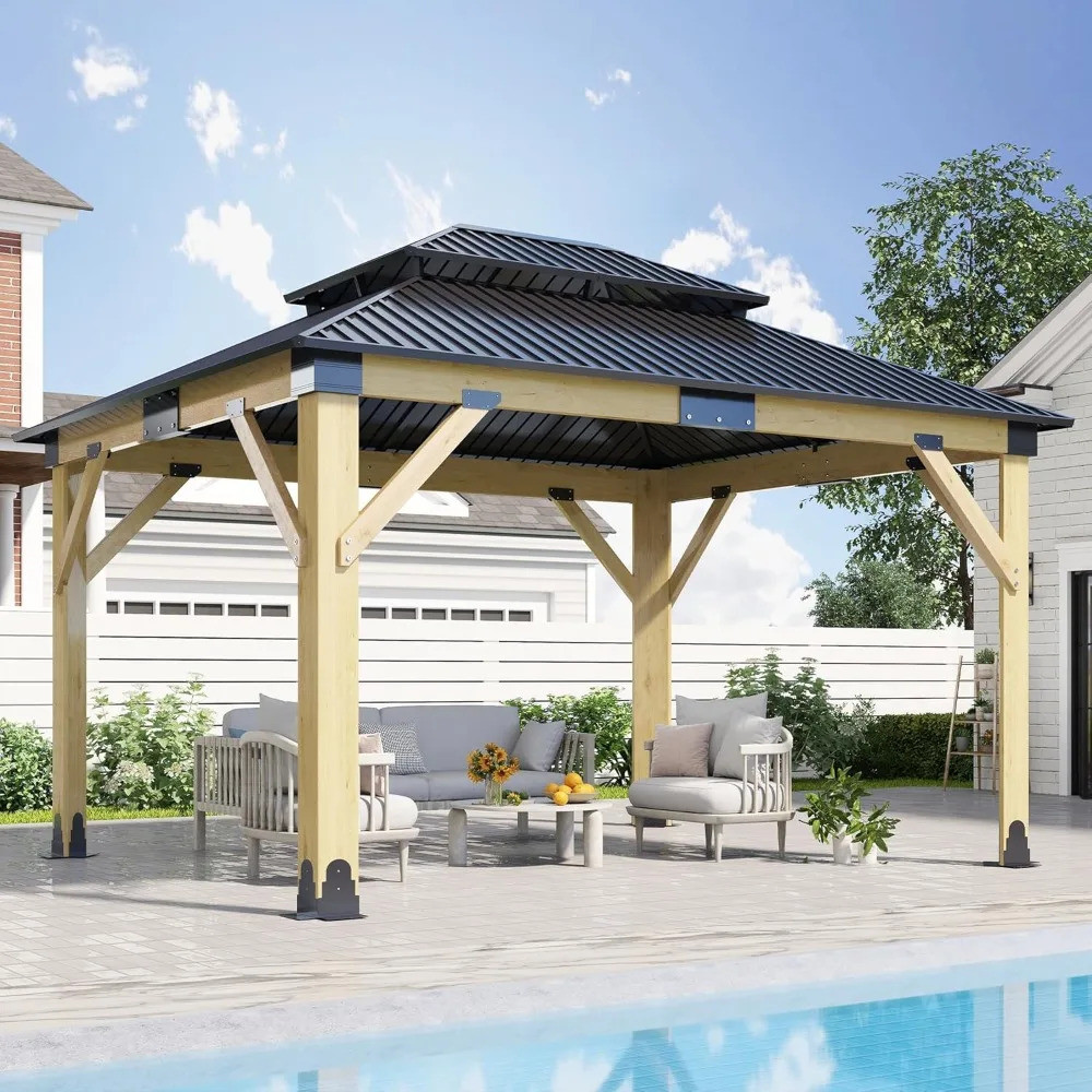 [NEW] Hot Deal ไม้กลางแจ้ง Gazebo - Patio เหล็กชุบสังกะสี Gazebo พร้อมหลังคาระบายคู่, Gazebo ไม้ซีดา