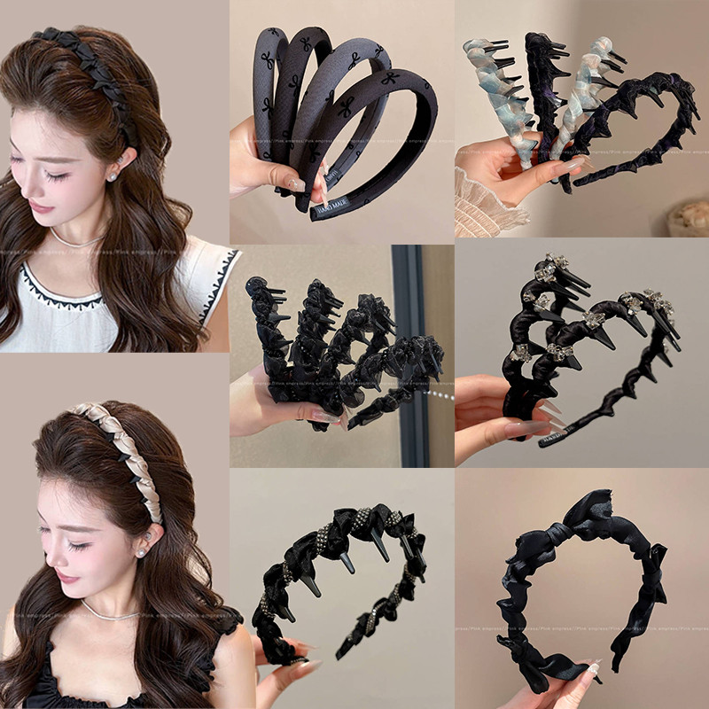 ร้อนขายที่คาดผมสีดําสําหรับผู้หญิงแฟชั่นเกาหลีใหม่อารมณ์สวยสีดําถักบิดคาดศีรษะปุยสูงกะโหลกด้านบนล้างหน้า ชม. วงการบิน อุปกรณ์ผม