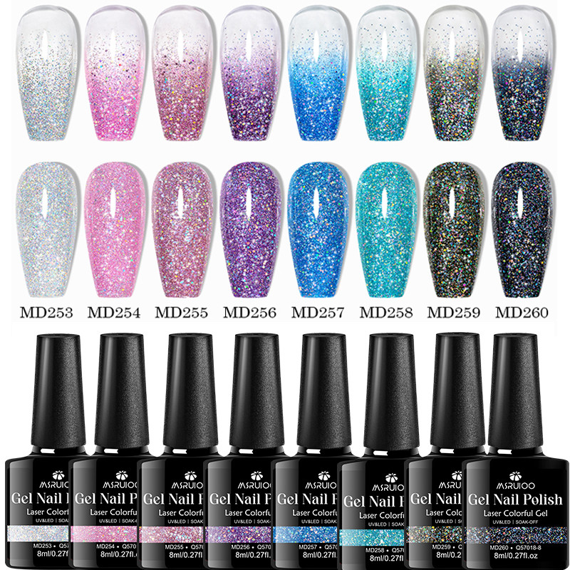 MSRUIOO 8ML เลเซอร์ มีสีสันหลากหลาย เล็บเจล อวตารที่ทนทานนาน เล็บเจล เปลือย เจลสําหรับร้านทําเล็บผู้หญิงสาวของขวัญ