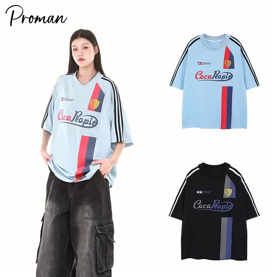⚡ProMan⚡เสื้อยืดผู้ชาย  ลายทาง  คอกลม  ฮิปฮอปสไตล์อเมริกัน  แบบหลวม  ชุดคู่รัก