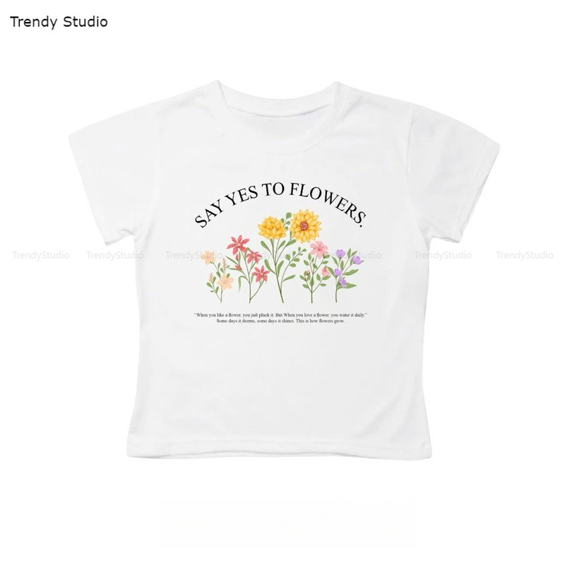 【COD】เสื้อครอปผ้าคอตตอน  ทรงBaby Tee (ดอกไม้)เสื้อผู้หญิง เสื้อยืดคอกลมแขนสั้นรับซัมเมอร์ crop top 100%cotton T-shirt