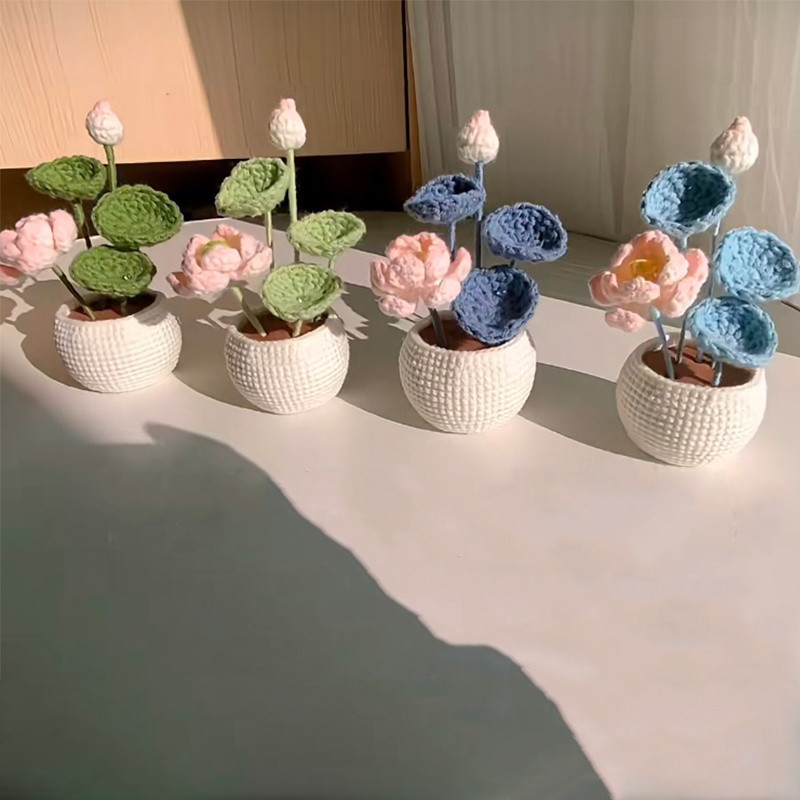 Lotus Good Luck Crochet Handmade Potted Plant Knitted Bouquet Yarn diy Lotus Artificial Flower Etern