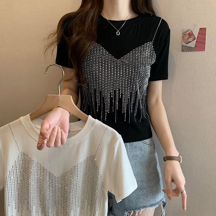 เสื้อยืดเพชร แขนสั้น สำหรับผู้หญิง ทรงสลิมฟิต แฟชั่นฤดูร้อน เสื้อแจ็กเกต
