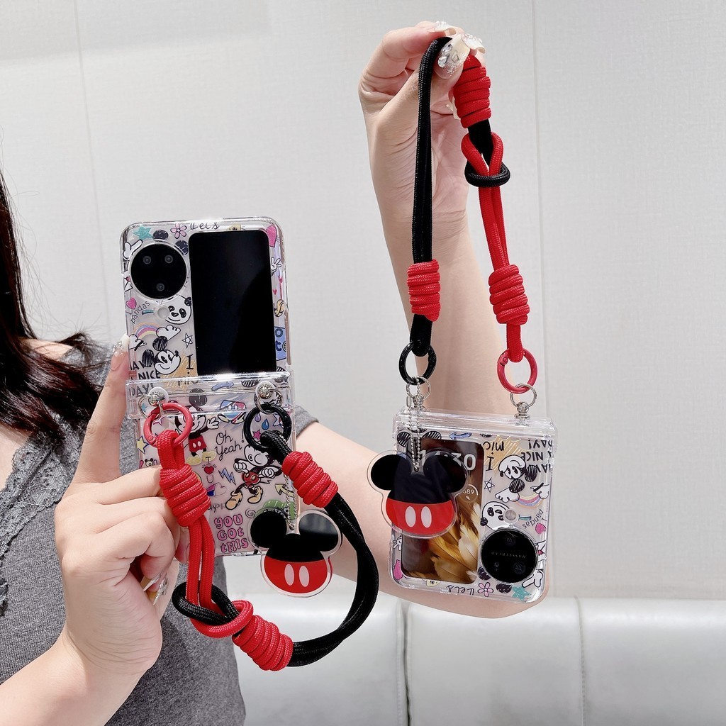 Oppo Find N3 flip 5G Case การ์ตูนน่ารัก Full screen Mickey with rope chain Case OPPO Find N2 flip 5G hard กันกระแทกโทรศัพท์ ความคิดสร้างสรรค์ Case Cover