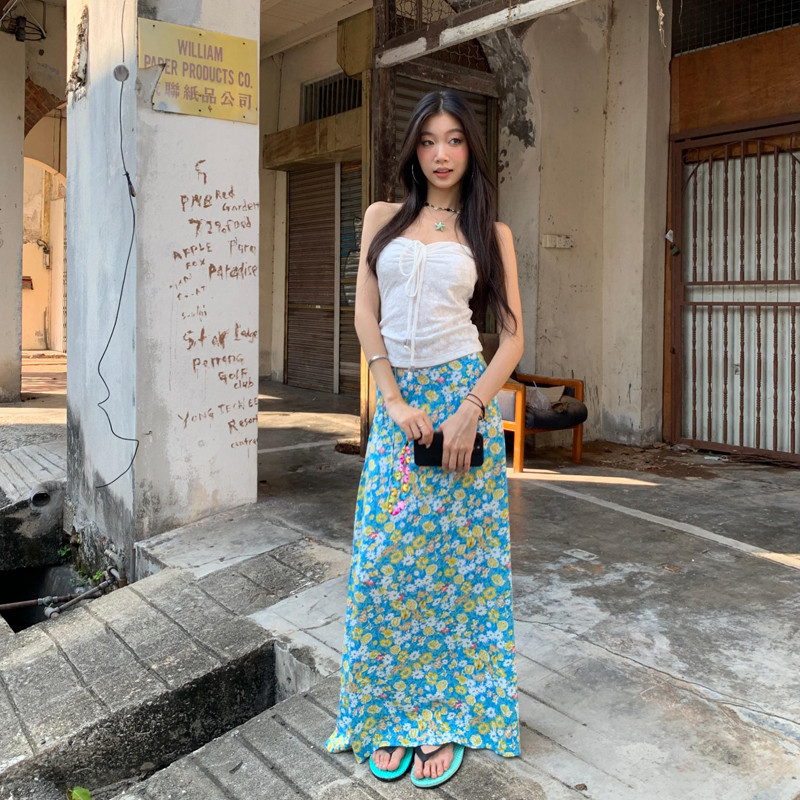 Fortunee กระโปรงลายดอกเกาหลี กระโปรงยาวทรงพริ้วคลุมเข่า กระโปรงผ้าชีฟอง กระโปรงแฟชั่น กระโปรงทะเล