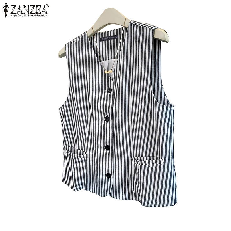 Zanzea ผู้หญิงเกาหลี Casual ปุ่ม Vneckline แขนกุดลาย Placket กระเป๋าถัง