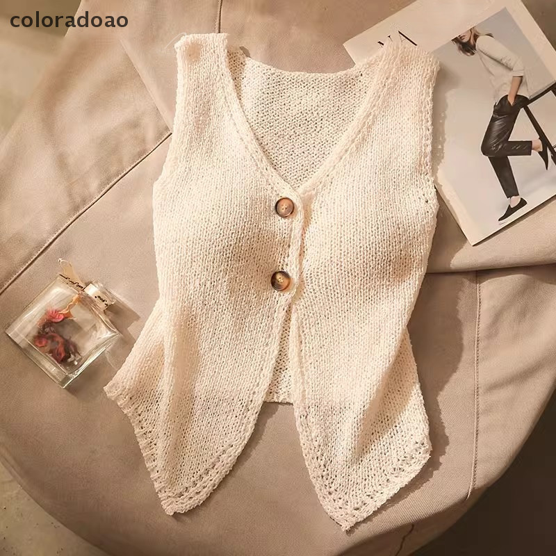 Crd ฤดูร้อนผู้หญิงแฟชั่นสีทึบ Chic ปุ่ม V คอแขนกุดถัก Camisole ZXH