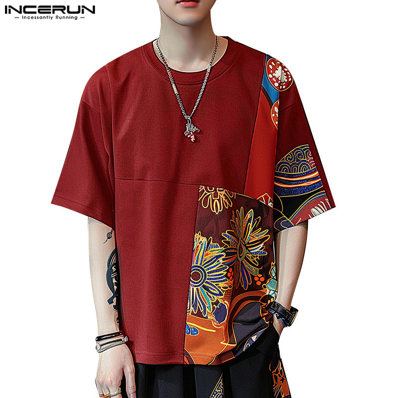 ไม่แน่นอน ผู้ชายแฟชั่นเกาหลีรอบคอชาติพันธุ์พิมพ์ครึ่งแขนเสื้อยืด