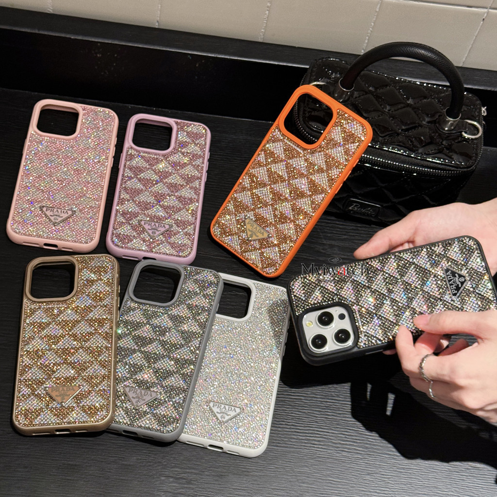แฟชั่นแฟลชเพชรสําหรับ iPhone 16 15 14 13 Pro Max Simple Rhombus Design Full Coverage รูขนาดใหญ่ Anti Falling Cover