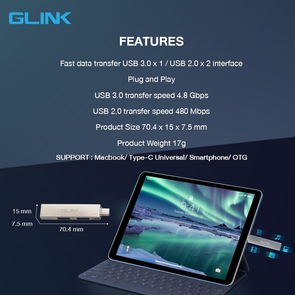 🛵มีส่งด่วน💨 GLINK GL031 (GL-031) 3 IN 1 USB-C HUB OTG USB-C TO HUB