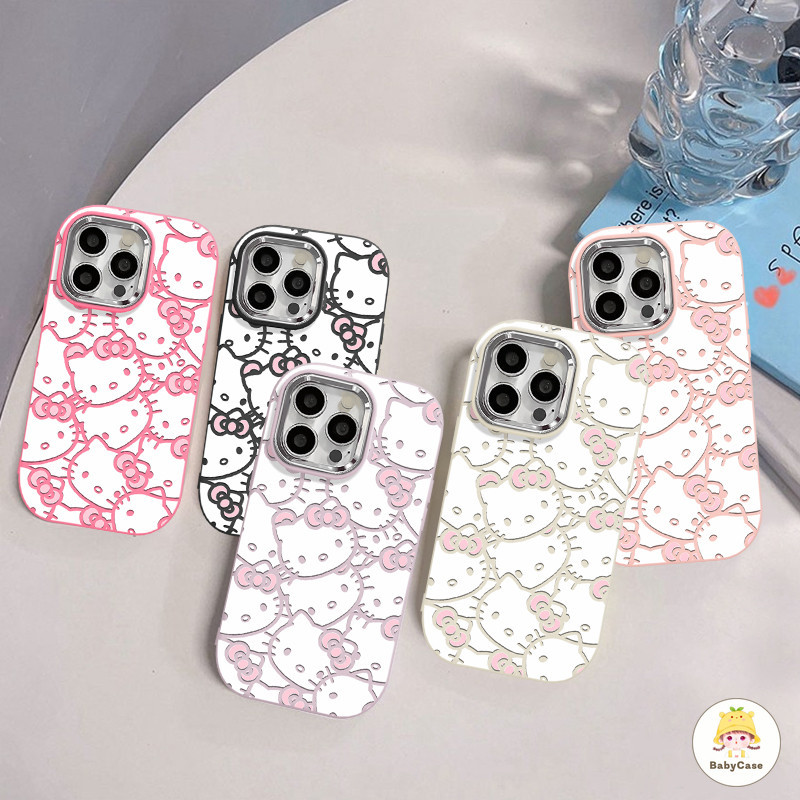 ความเรียบง่ายแบบเต็มหน้าจอลูกแมวโบว์น่ารักเลนส์โลหะชุบหรูห เคสIphone 11 13 14 15 12 Pro Max X XR XS Max 8 7 Plus SE 2020
