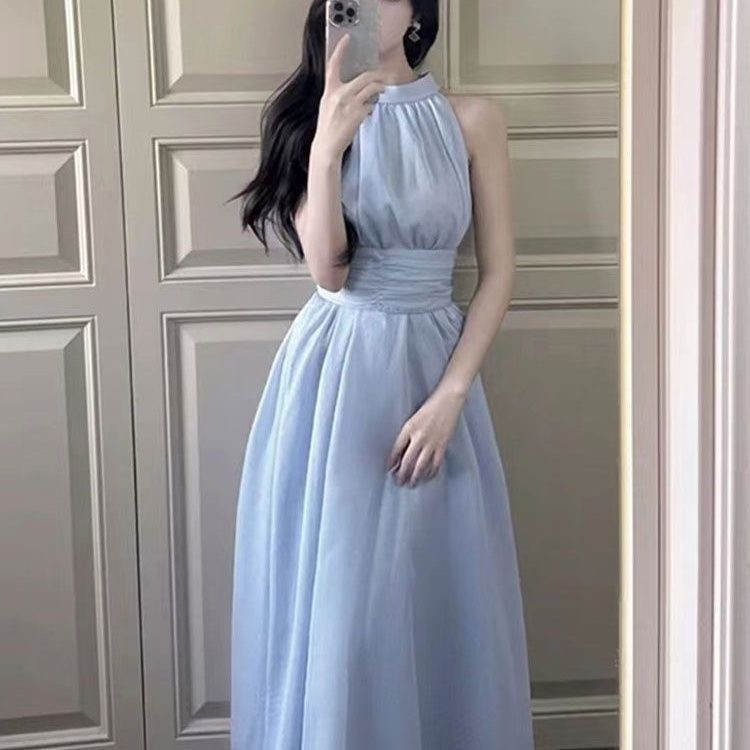 Caila ฝรั่งเศสอ่อนโยนอารมณ์หวาน High-End ชุด Slim-fit แคบเอว Blue Fairy Halterneck ฤดูร้อนสไตล์ใหม่แขนกุดชุดฤดูร้อนชุดยาวชุด Slimmer ดูชุดฤดูร้อน ราคา ถูกที่สุด ดีลบีเคเค แกลเลอรีภาพที่ 5
