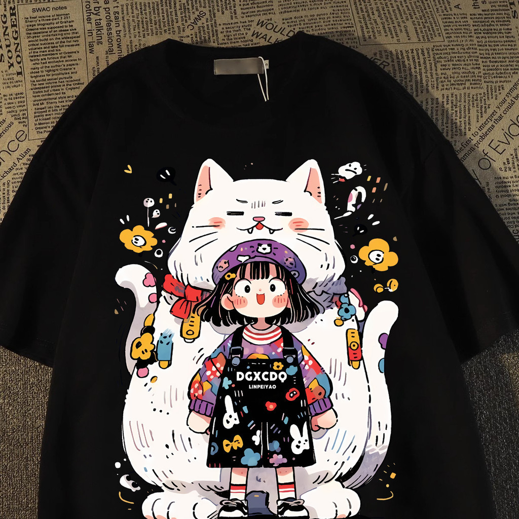 ฤดูร้อนสไตล์ญี่ปุ่นอินเทรนด์การ์ตูนแมวตัวอักษรพิมพ์แขนสั้นเสื้อยืดผู้หญิงหลวม พลังงาน อ่อนเยาว์สาวถนนย้อนยุคเสื้อขนาดใหญ่ครึ่งแขนด้าน