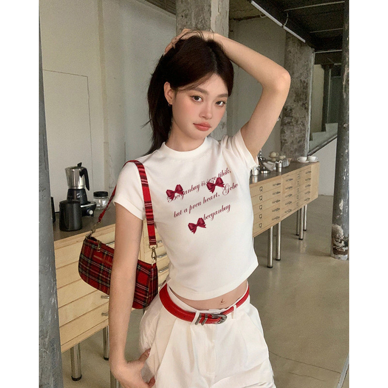 COD (จัดส่งในกรุงเทพฯ) MAO Shop Baby Tee - แฟชั่นโบว์พิมพ์เสื้อยืดแขนสั้น #1923