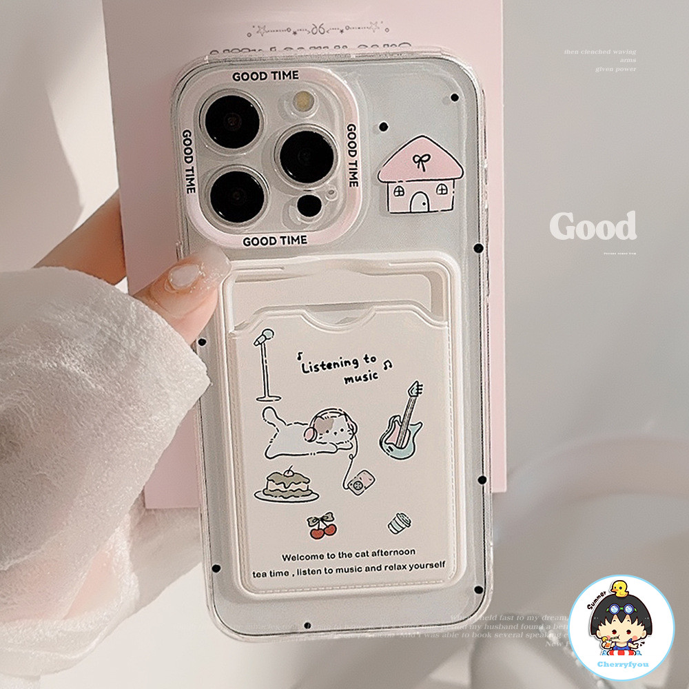 น่ารักการ์ตูนแมวผู้ถือบัตรเคสโทรศัพท์สําหรับiphone 11 15 14 13 12 Pro Max X XR XS Max 8 7 Plus Full ViewกันกระแทกSoft TPUปกหลัง