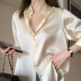 Women's solid color satin long sleeve shirt Top Womenswear Blouse Lady Basic