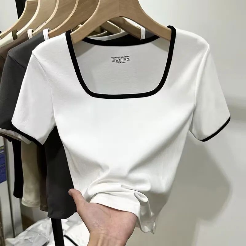 [HY] S-2xl All-Match Cover Belly ขนาดใหญ่สั้นเสื้อยืดผู้หญิง U-คอบวกไหล่ลายแขนสั้น