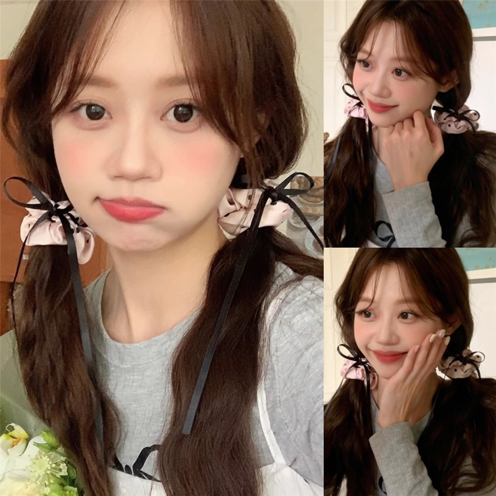 ฤดูร้อนสีชมพูหวานลายจุดซาติน Scrunchie Bow Streamer เชือกผมบัลเล่ต์ Limelight ผูกผมเครื่องประดับผม