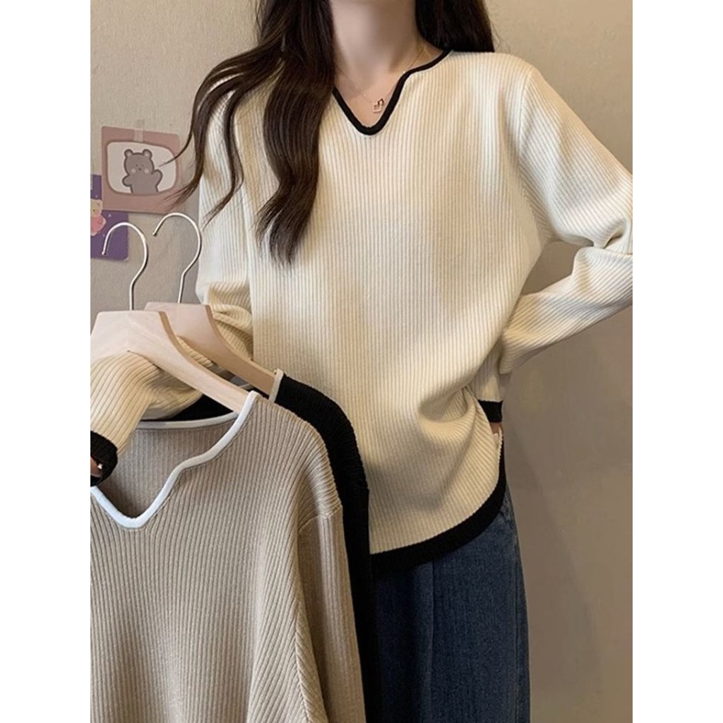 Coco~เสื้อยืดผู้หญิง แขนยาว สีทึบ สไตล์สบาย ๆ หลวม ๆ เวอร์ชั่นเกาหลี