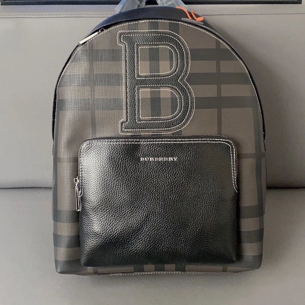 Burberry Backpack Plaid Letter Sticker Leather Retro Student Schoolbag