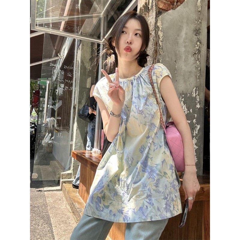 🧡Crush🧡เสื้อเชิ้ต แขนสั้น รุ่นยาว สไตล์สบาย ๆ หลวม ๆ การพิมพ์แฟชั่น เวอร์ชั่นเกาหลี