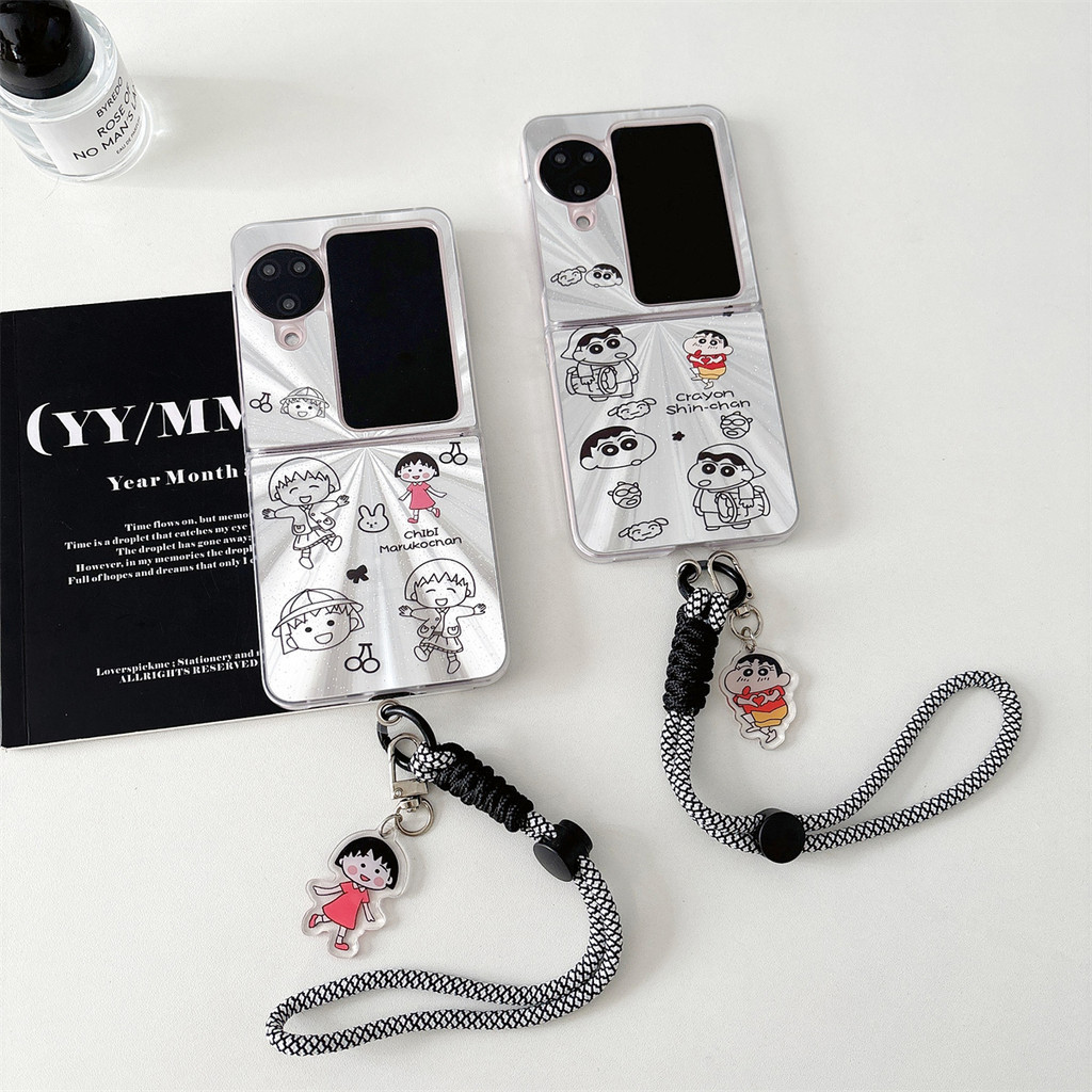 Oppo Find N3 flip 5G เคสออโรร่าน่ารักการ์ตูน Chibi Maruko Crayon Shin Chan พร้อมสายโซ่เคส OPPO Find N2 flip 5G กันกระแทกโทรศัพท์ความคิดสร้างสรรค์ฝาครอบ