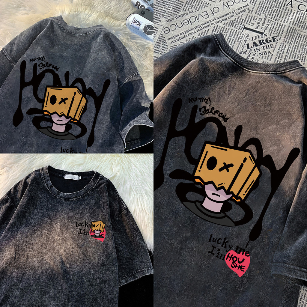 ผ้าคอตตอน100% Qkoole 260g เสื้อยืดผ้าฟอก oversize เสื้อคู่ลำลองทรงพิมพ์ล T1900