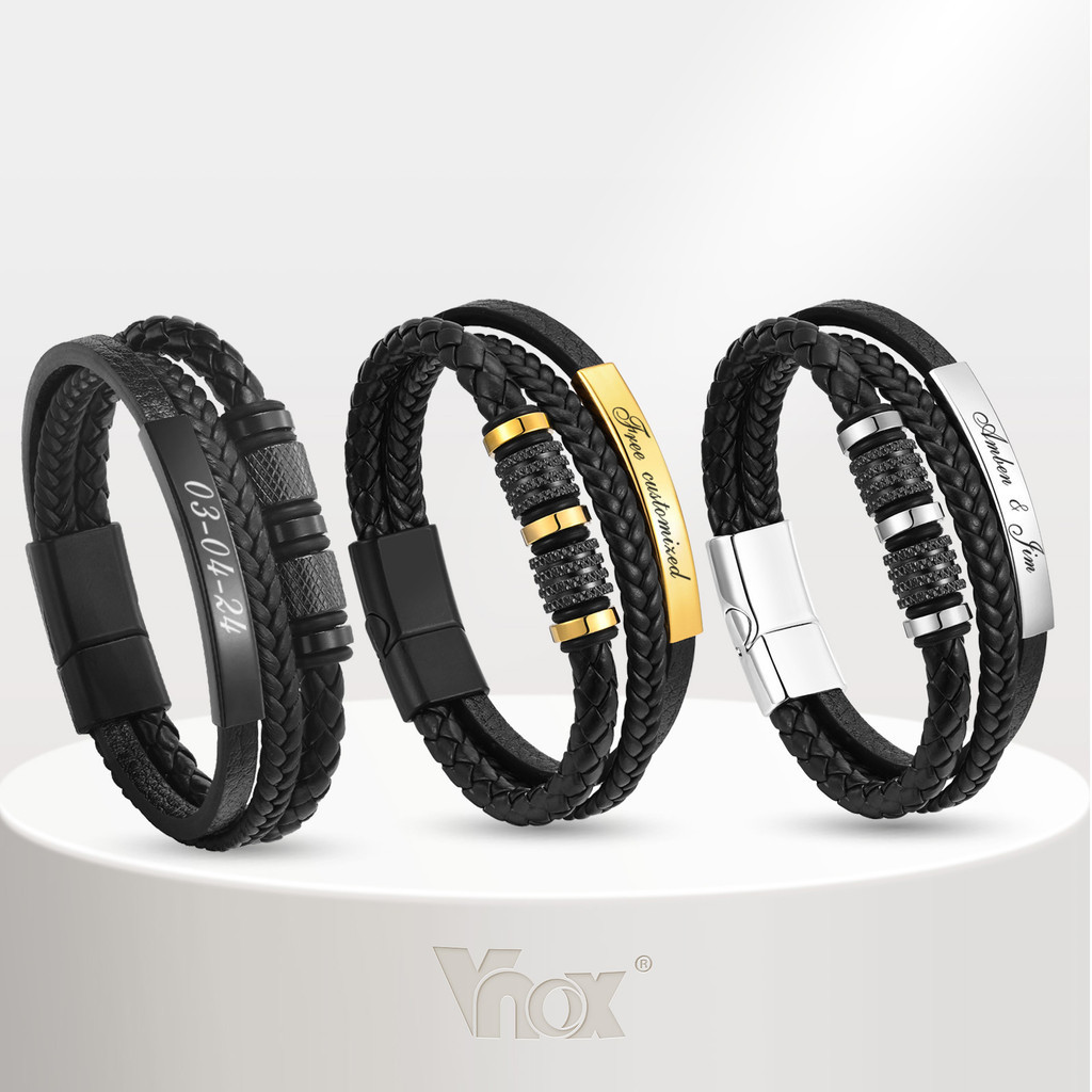 VNOX วีน็อกซ์ สร้อยข้อมือหนังถักส่วนบุคคลสําหรับผู้ชาย,สร้อยข้อมือหนังทอสามแฮนด์เมดของขวัญเครื่องประดับชื่อที่กําหนดเอง