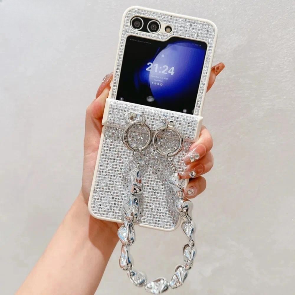 Galaxy Z Flip 6 พร้อมสายรัดข้อมือ Bling Glitter บานพับฝาครอบป้องกันสําหรับ Samsung Flip 5 4 3 Flip6 Flip5 Flip4 Flip3 5G