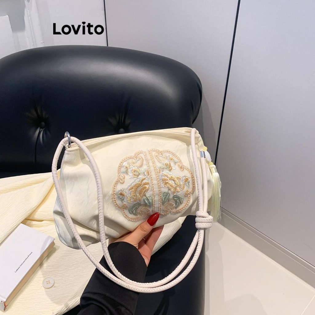 Lovito ผู้หญิงธรรมดาขอบเย็บปักถักร้อยสไตล์จีนกระเป๋าสะพายขนาดเล็กสำหรับผู้หญิงสบาย ๆ ธรรมดาขอบดอกไม้เย็บปักถักร้อยใหม่สไตล์จีนกระเป๋าสะพายขนาดเล็กสำหรับผู้หญิง LFA43016