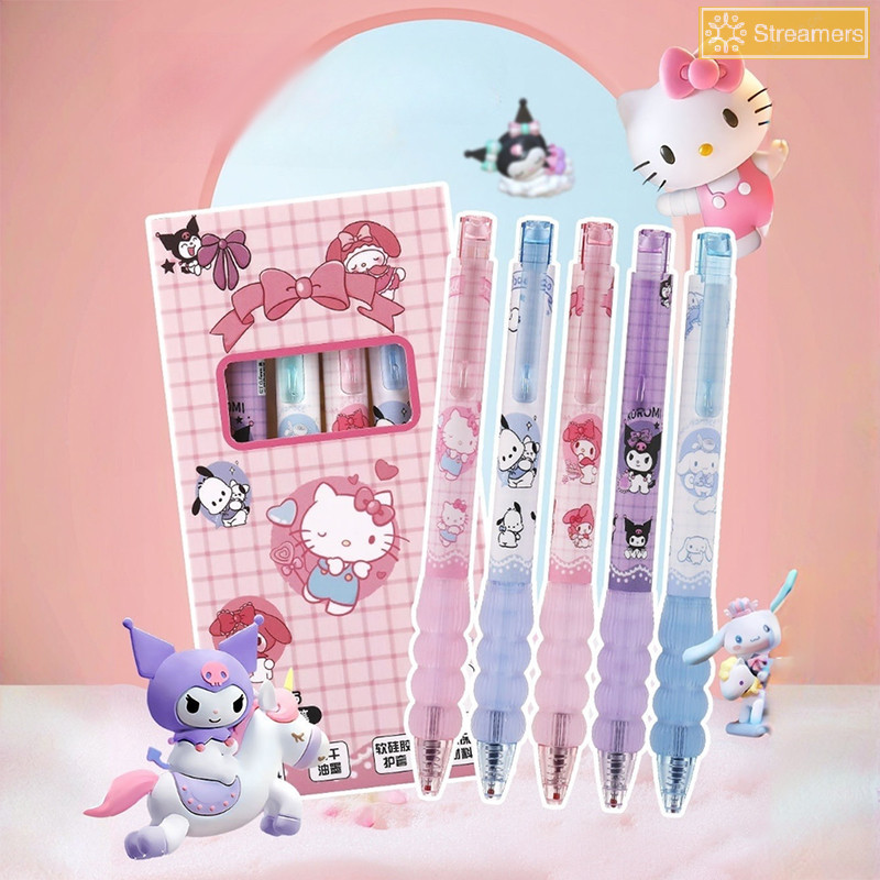 {Streamers} 5 ชิ้น Cartoo Sanrio ปากกาเจลน่ารัก Hello Kitty Cinnamoroll Kuromi Melody Pressing Neutral ปากกาเครื่องเขียนนักเรียนอุปกรณ์การเรียนใหม่