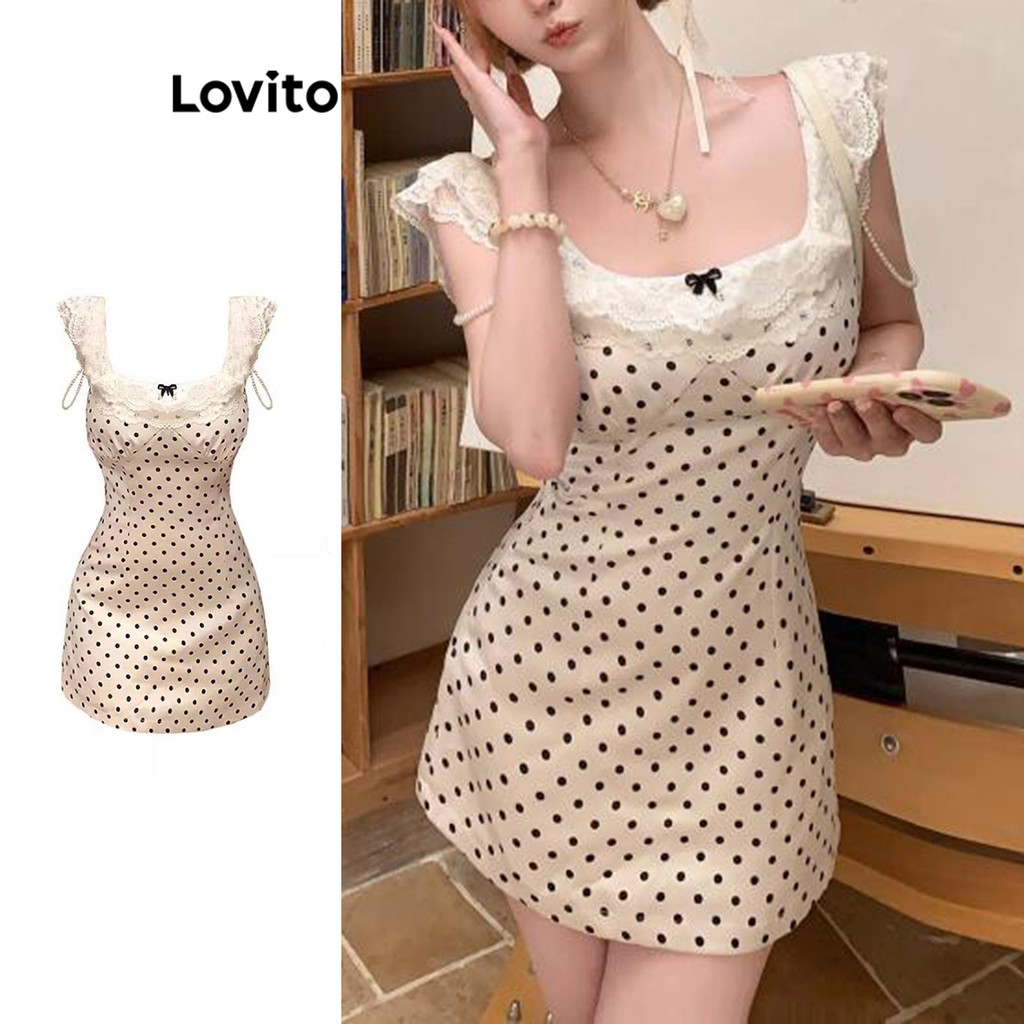 Lovito เดรสผู้หญิง ลายจุด สีพื้น สไตล์ลำลอง LNA67078