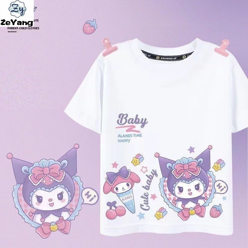 [ZY] 90-150 ขนาดพร้อมสต็อกเด็กผ้าฝ้ายแท้แขนสั้นเสื้อยืดเสื้อยืดลําลองเด็กการ์ตูนแขนสั้นคอกลม T หลวม T All-Match Top Kuromi Melody
