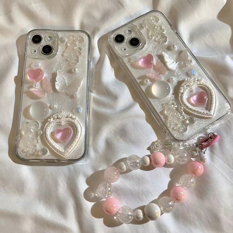หรูหรา 3D Glitter สร้อยข้อมือผีเสื้อเคสโทรศัพท์สําหรับ iPhone 16Pro Max15 14 13 12 11 Pro Max X XR XS Max 7 8 plus Soft TPU กันกระแทกปกหลัง