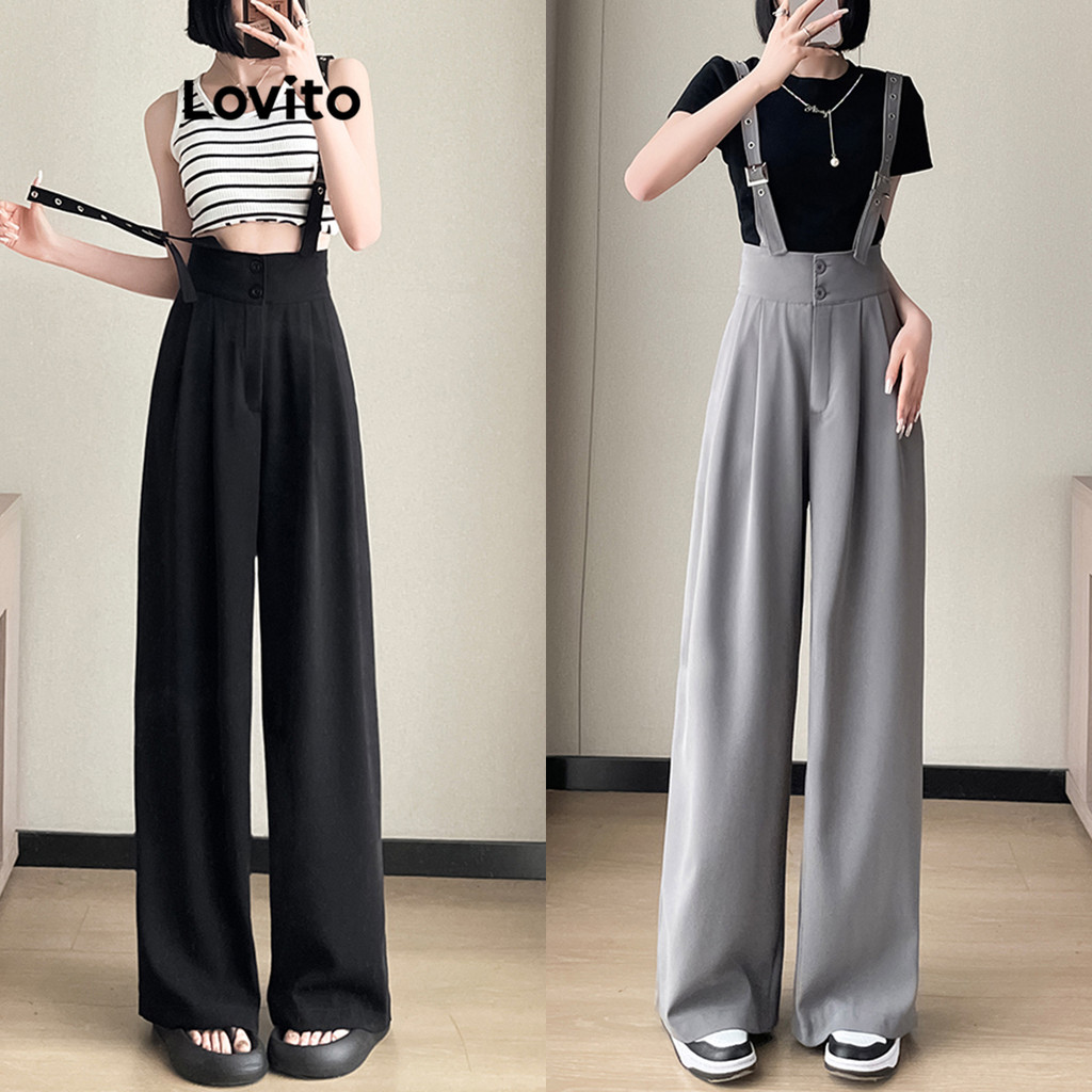 Lovito ชุดเอี้ยมผู้หญิง ผูกด้านหน้า แต่งโลหะ สีพื้น สไตล์ลำลอง LNE39216 (สีเทา/สีดำ)